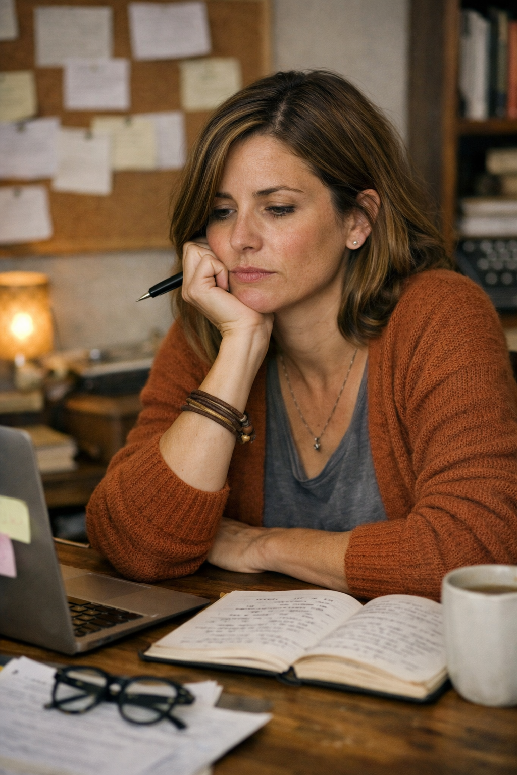 A writer staring at her work, pen in hand, knowing something isn't working but unable to name why.